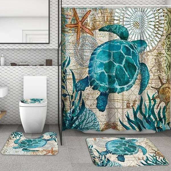 1/3/4 Pcs Bathroom Decor Set Ocean Dolphin Starfish Print Waterproof Bathroom Shower Curtain Toilet Cover Mat Non-slip Mat Set Bathroom Decoration