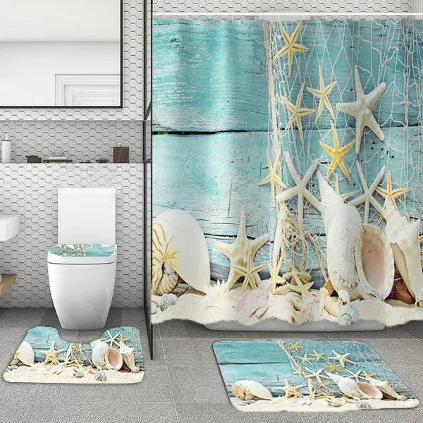 1/3/4 Pcs Bathroom Decor Set Ocean Dolphin Starfish Print Waterproof Bathroom Shower Curtain Toilet Cover Mat Non-slip Mat Set Bathroom Decoration