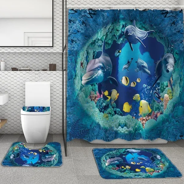 1/3/4 Pcs Bathroom Decor Set Ocean Dolphin Starfish Print Waterproof Bathroom Shower Curtain Toilet Cover Mat Non-slip Mat Set Bathroom Decoration