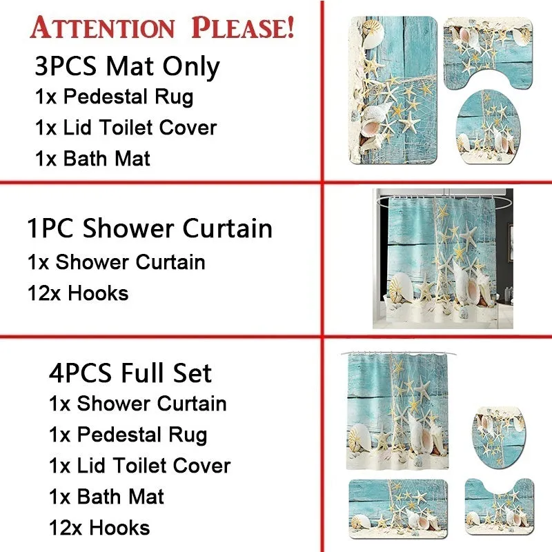1/3/4 Pcs Bathroom Decor Set Ocean Dolphin Starfish Print Waterproof Bathroom Shower Curtain Toilet Cover Mat Non-slip Mat Set Bathroom Decoration