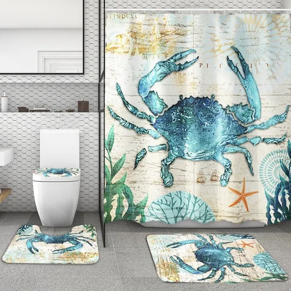 1/3/4 Pcs Bathroom Decor Set Ocean Dolphin Starfish Print Waterproof Bathroom Shower Curtain Toilet Cover Mat Non-slip Mat Set Bathroom Decoration