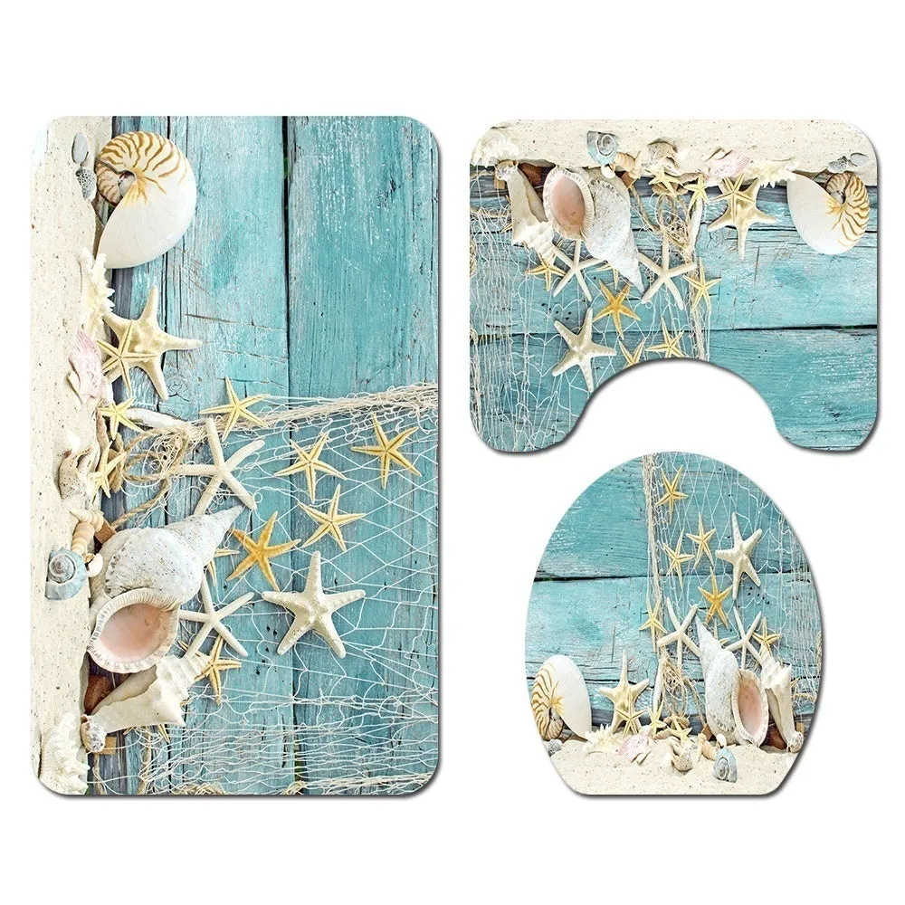 1/3/4 Pcs Bathroom Decor Set Ocean Dolphin Starfish Print Waterproof Bathroom Shower Curtain Toilet Cover Mat Non-slip Mat Set Bathroom Decoration