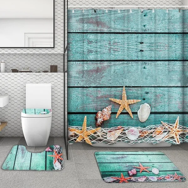 1/3/4 Pcs Bathroom Decor Set Ocean Dolphin Starfish Print Waterproof Bathroom Shower Curtain Toilet Cover Mat Non-slip Mat Set Bathroom Decoration