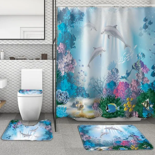 1/3/4 Pcs Bathroom Decor Set Ocean Dolphin Starfish Print Waterproof Bathroom Shower Curtain Toilet Cover Mat Non-slip Mat Set Bathroom Decoration