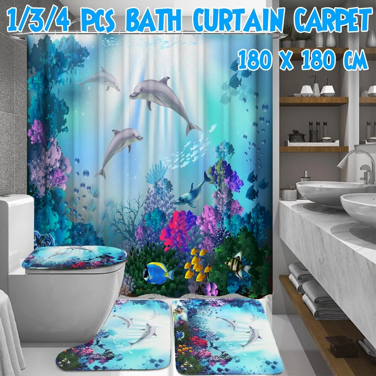 1/3/4 Pcs Sea Style Dolphin Waterproof Shower Curtain Set Toilet Cover Mat Bathroom Non-Slip Mat Pedestal Rug Kit