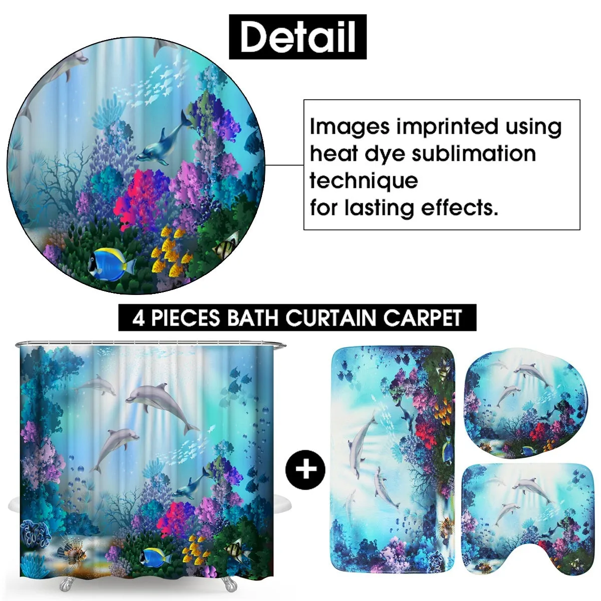 1/3/4 Pcs Sea Style Dolphin Waterproof Shower Curtain Set Toilet Cover Mat Bathroom Non-Slip Mat Pedestal Rug Kit