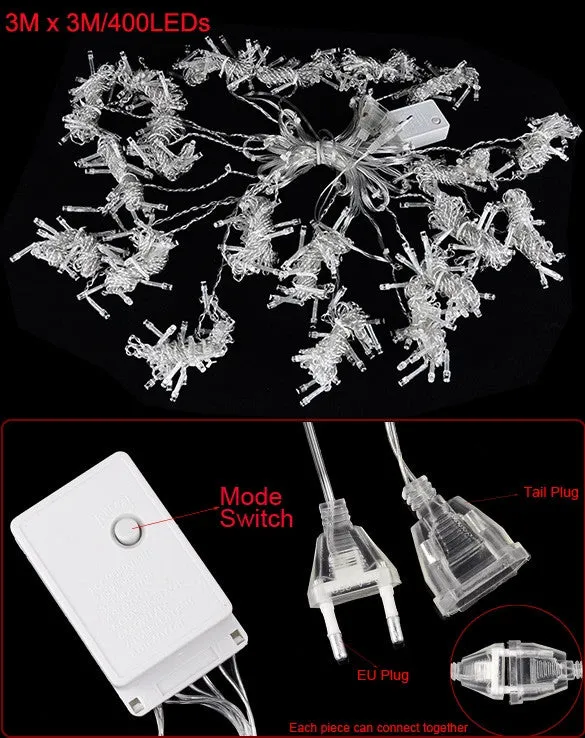 3Mx3M 400LED Outdoor Christmas Xmas String Fairy Wedding Curtain Light With Tail Plug EU/220V White