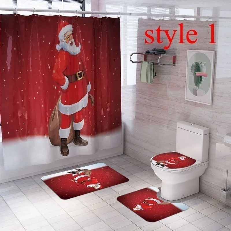 7 Styles Bathroom Shower Curtains Non-Slip Santa Claus Snow Snowman Christmas Style Decor-Pedestal Rug   Lid Toilet Cover   Bath Mat  Shower Curtain set