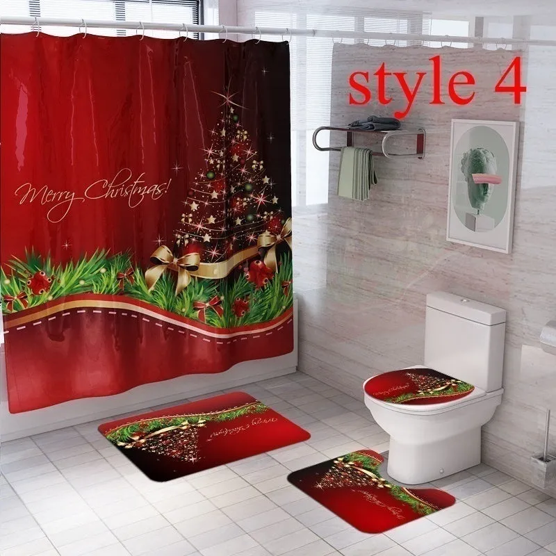 7 Styles Bathroom Shower Curtains Non-Slip Santa Claus Snow Snowman Christmas Style Decor-Pedestal Rug   Lid Toilet Cover   Bath Mat  Shower Curtain set