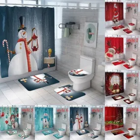 7 Styles Bathroom Shower Curtains Non-Slip Santa Claus Snow Snowman Christmas Style Decor-Pedestal Rug   Lid Toilet Cover   Bath Mat  Shower Curtain set