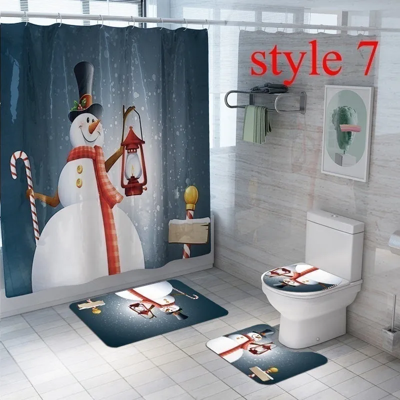 7 Styles Bathroom Shower Curtains Non-Slip Santa Claus Snow Snowman Christmas Style Decor-Pedestal Rug   Lid Toilet Cover   Bath Mat  Shower Curtain set