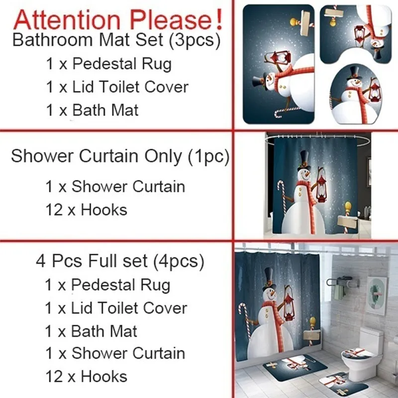 7 Styles Bathroom Shower Curtains Non-Slip Santa Claus Snow Snowman Christmas Style Decor-Pedestal Rug   Lid Toilet Cover   Bath Mat  Shower Curtain set
