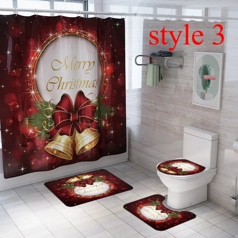 7 Styles Bathroom Shower Curtains Non-Slip Santa Claus Snow Snowman Christmas Style Decor-Pedestal Rug   Lid Toilet Cover   Bath Mat  Shower Curtain set