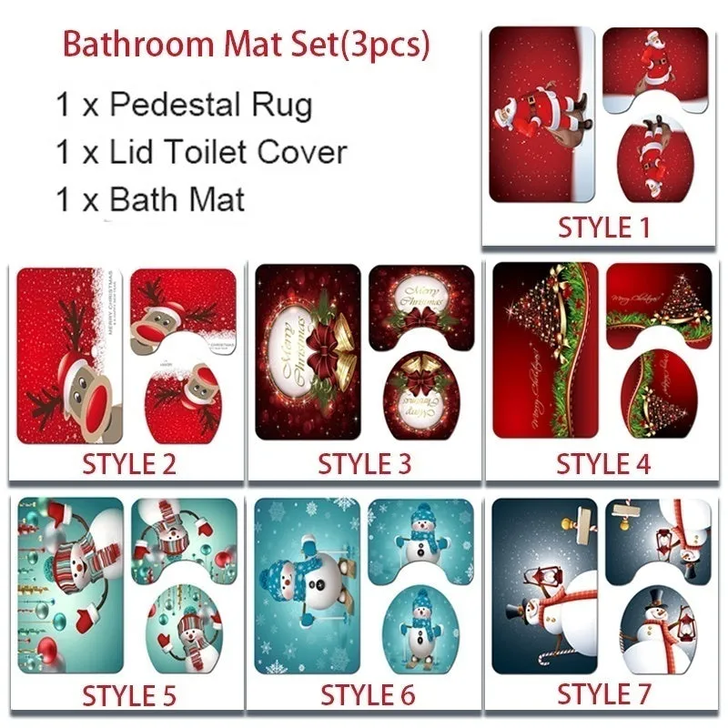 7 Styles Bathroom Shower Curtains Non-Slip Santa Claus Snow Snowman Christmas Style Decor-Pedestal Rug   Lid Toilet Cover   Bath Mat  Shower Curtain set