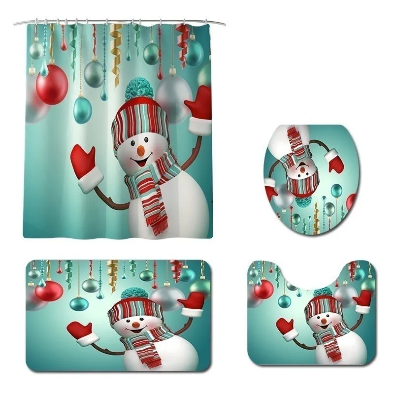 7 Styles Bathroom Shower Curtains Non-Slip Santa Claus Snow Snowman Christmas Style Decor-Pedestal Rug   Lid Toilet Cover   Bath Mat  Shower Curtain set