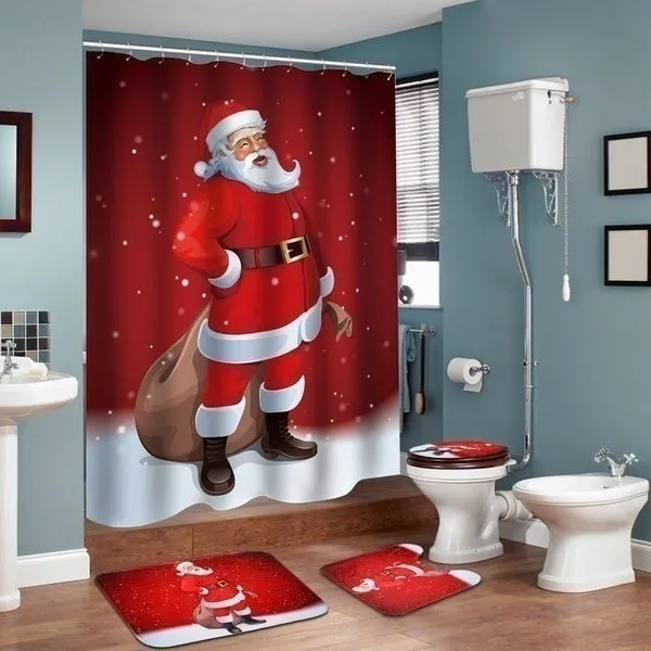 7 Styles Bathroom Shower Curtains Non-Slip Santa Claus Snow Snowman Christmas Style Decor-Pedestal Rug   Lid Toilet Cover   Bath Mat  Shower Curtain set