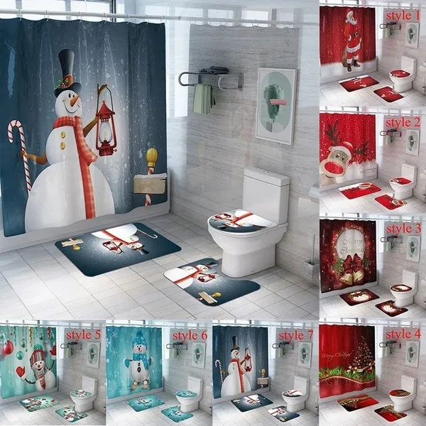 7 Styles Bathroom Shower Curtains Non-Slip Santa Claus Snow Snowman Christmas Style Decor-Pedestal Rug   Lid Toilet Cover   Bath Mat  Shower Curtain set