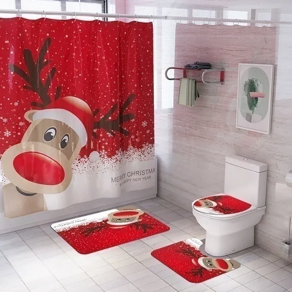 7 Styles Bathroom Shower Curtains Non-Slip Santa Claus Snow Snowman Christmas Style Decor-Pedestal Rug   Lid Toilet Cover   Bath Mat  Shower Curtain set