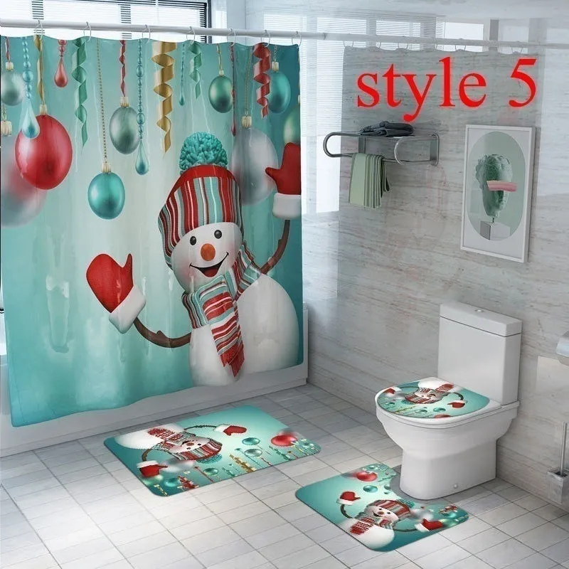 7 Styles Bathroom Shower Curtains Non-Slip Santa Claus Snow Snowman Christmas Style Decor-Pedestal Rug   Lid Toilet Cover   Bath Mat  Shower Curtain set