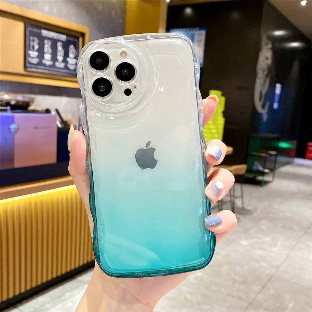 Anymob iPhone Blue Gradient Clear Curly Wave Case Shockproof Transparent Silicon Phone Cover