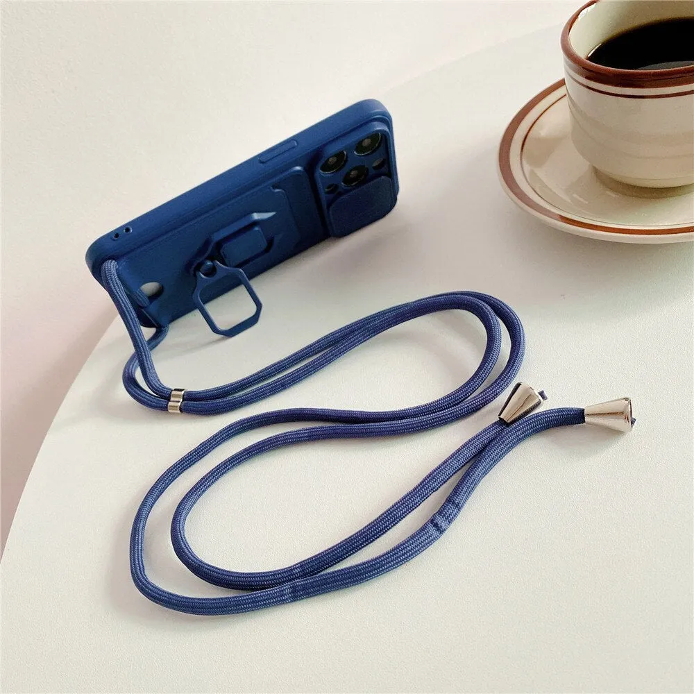 Anymob iPhone Blue Magnetic Card Holder Lanyard Cord Phone Case Lens Protection Back Cover