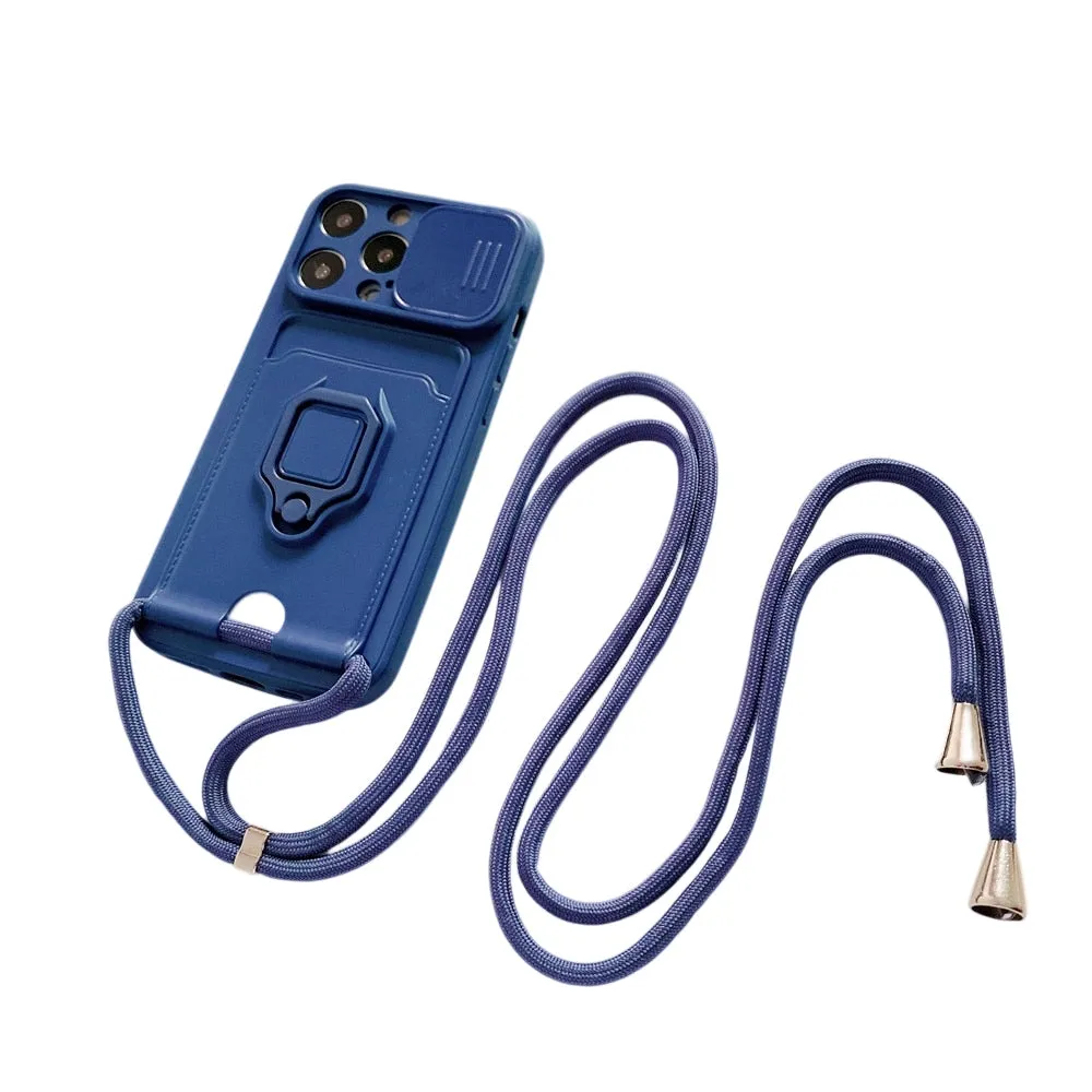 Anymob iPhone Blue Magnetic Card Holder Lanyard Cord Phone Case Lens Protection Back Cover