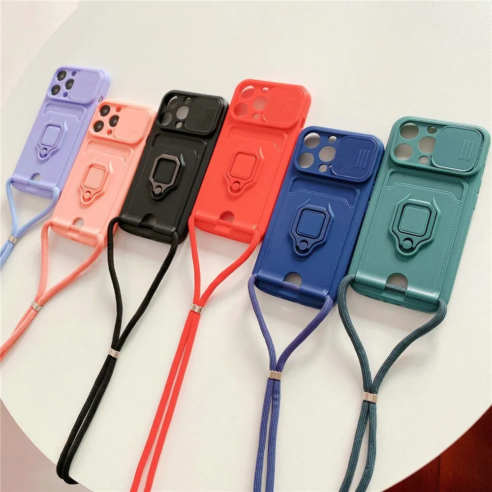 Anymob iPhone Blue Magnetic Card Holder Lanyard Cord Phone Case Lens Protection Back Cover