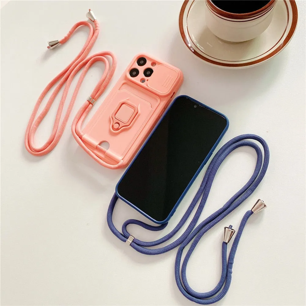 Anymob iPhone Blue Magnetic Card Holder Lanyard Cord Phone Case Lens Protection Back Cover