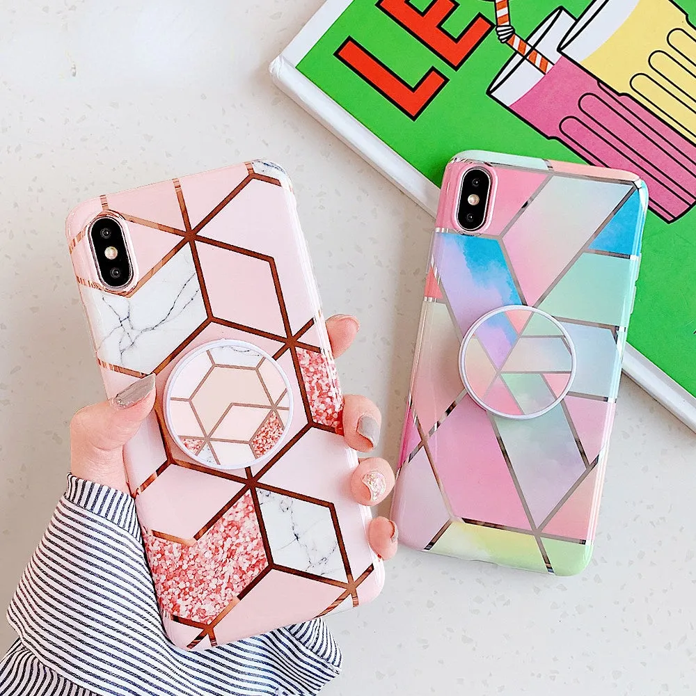 Anymob iPhone Brown Holder Stand Case Back Cover Marble Art Silicone Phone Cover