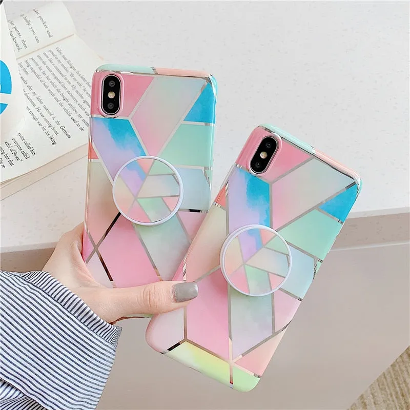 Anymob iPhone Brown Holder Stand Case Back Cover Marble Art Silicone Phone Cover