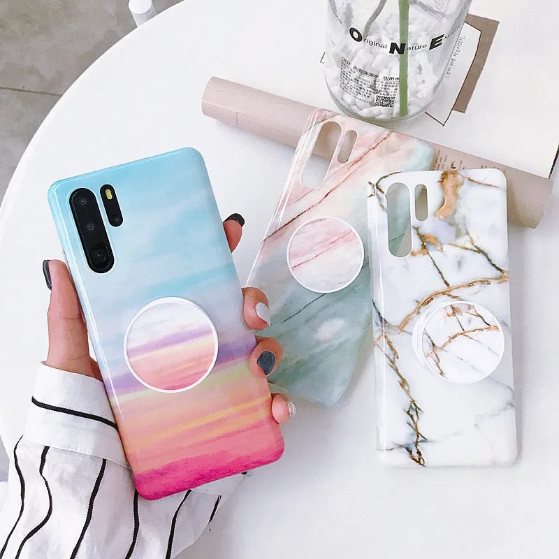 Anymob iPhone Brown Holder Stand Case Back Cover Marble Art Silicone Phone Cover