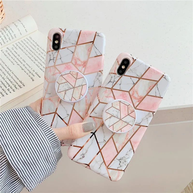 Anymob iPhone Brown Holder Stand Case Back Cover Marble Art Silicone Phone Cover