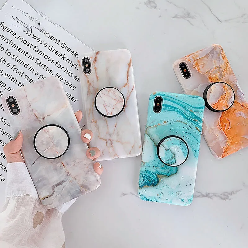 Anymob iPhone Brown Holder Stand Case Back Cover Marble Art Silicone Phone Cover