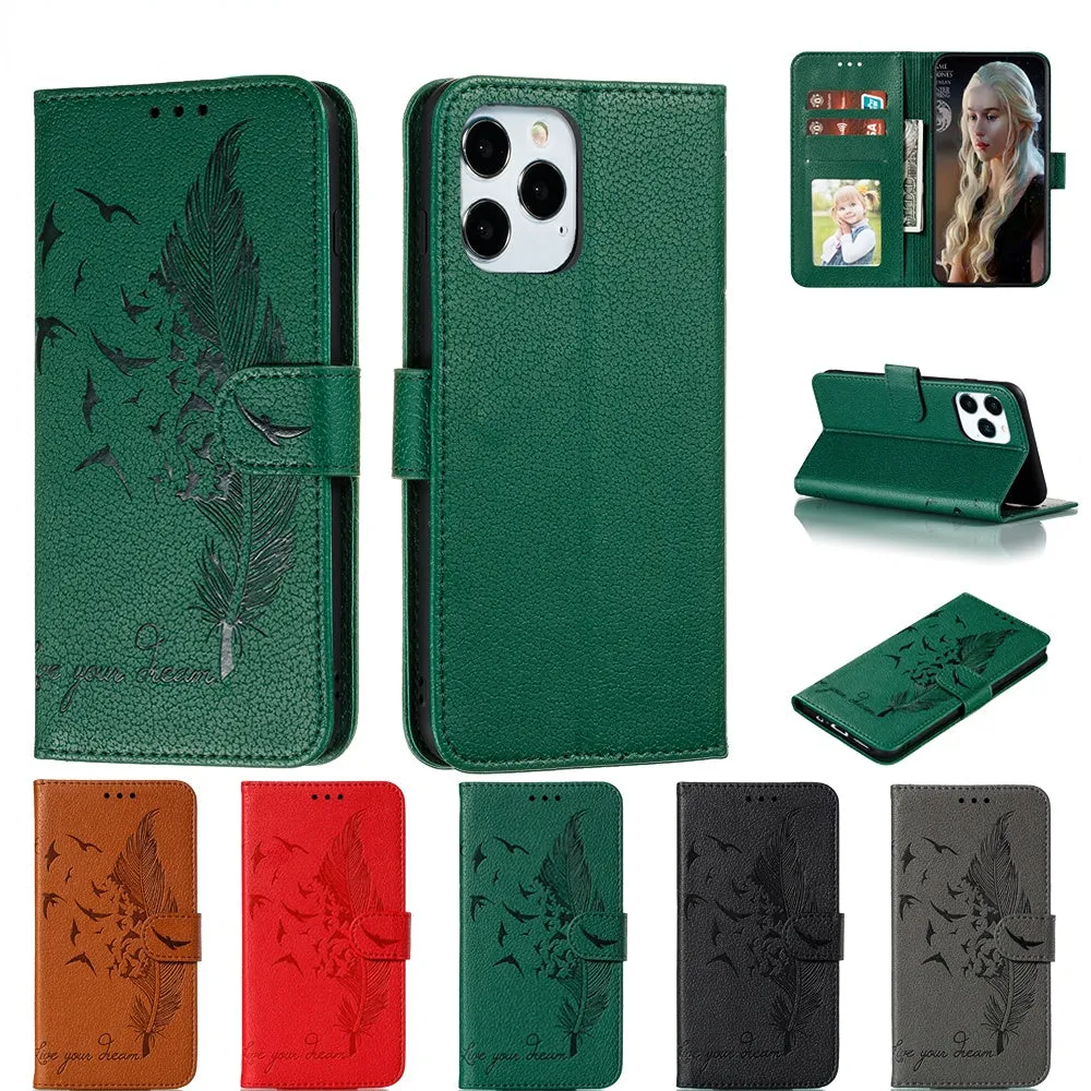Anymob iPhone Case Black Bird Feather Leather Flip Cell Wallet Cover