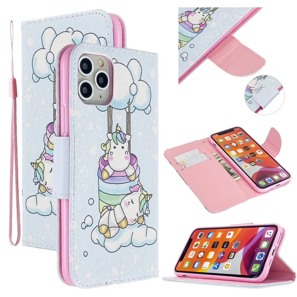 Anymob iPhone Case Mint Green Unicorn Painted Leather Magnetic Flip Wallet Cover Shell