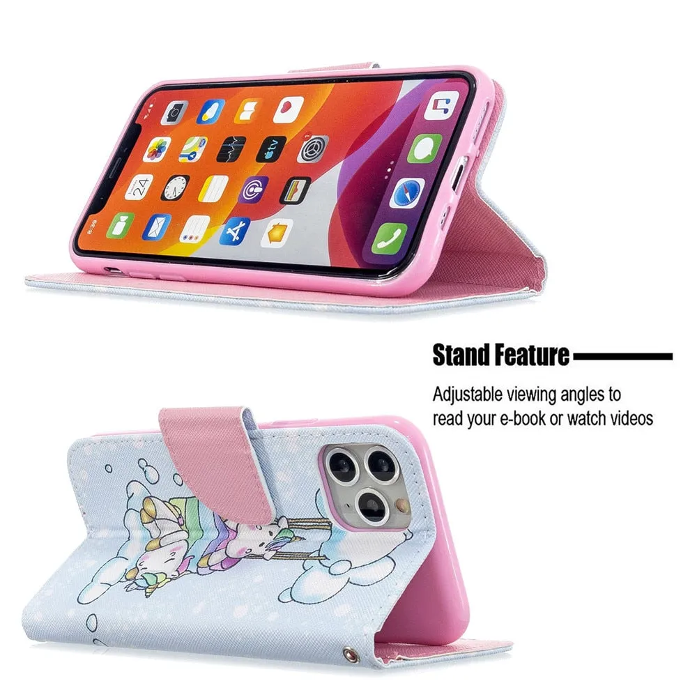 Anymob iPhone Case Mint Green Unicorn Painted Leather Magnetic Flip Wallet Cover Shell