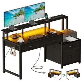 AODK 48-Inch Computer Desk with Fabric File Cabinet and Fabric Drawers, Reversible Office Desk with LED Strip and Power Strip, Gaming Desk with Monitor Riser, Writing/Study Table for Home, Black