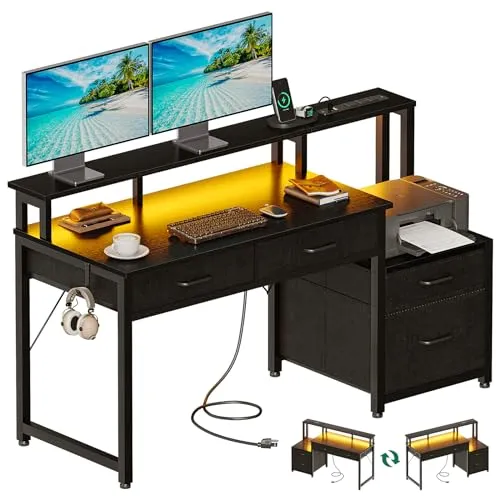 AODK 48-Inch Computer Desk with Fabric File Cabinet and Fabric Drawers, Reversible Office Desk with LED Strip and Power Strip, Gaming Desk with Monitor Riser, Writing/Study Table for Home, Black