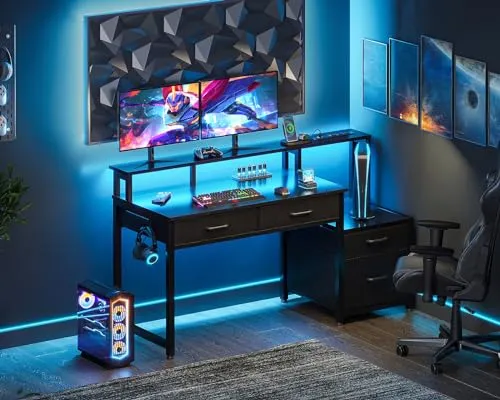 AODK 48-Inch Computer Desk with Fabric File Cabinet and Fabric Drawers, Reversible Office Desk with LED Strip and Power Strip, Gaming Desk with Monitor Riser, Writing/Study Table for Home, Black