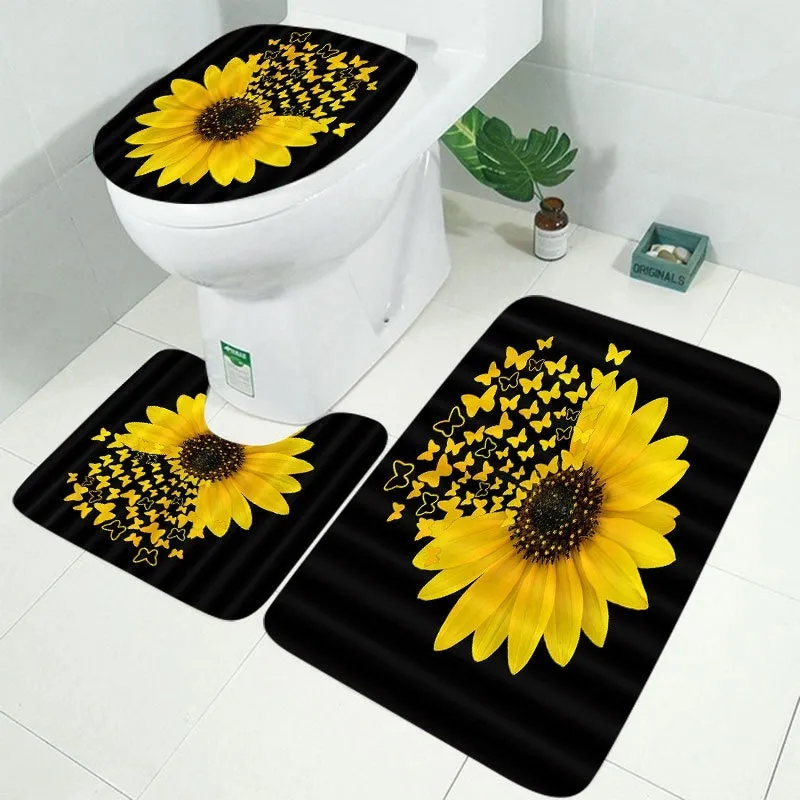 Black background Sunflower Butterfly Print Waterproof Bathroom Shower Curtain Toilet Cover Decor