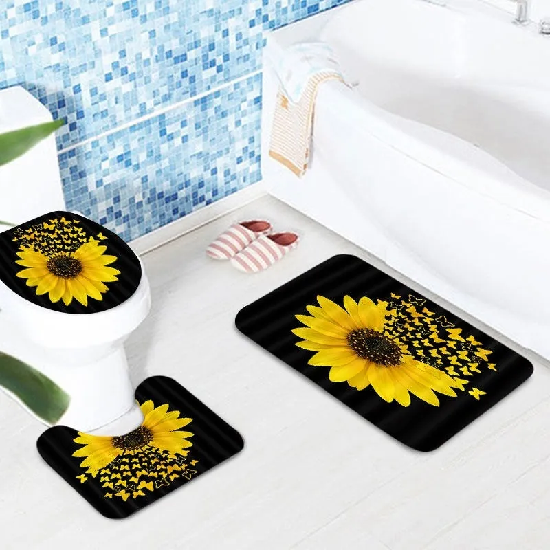 Black background Sunflower Butterfly Print Waterproof Bathroom Shower Curtain Toilet Cover Decor