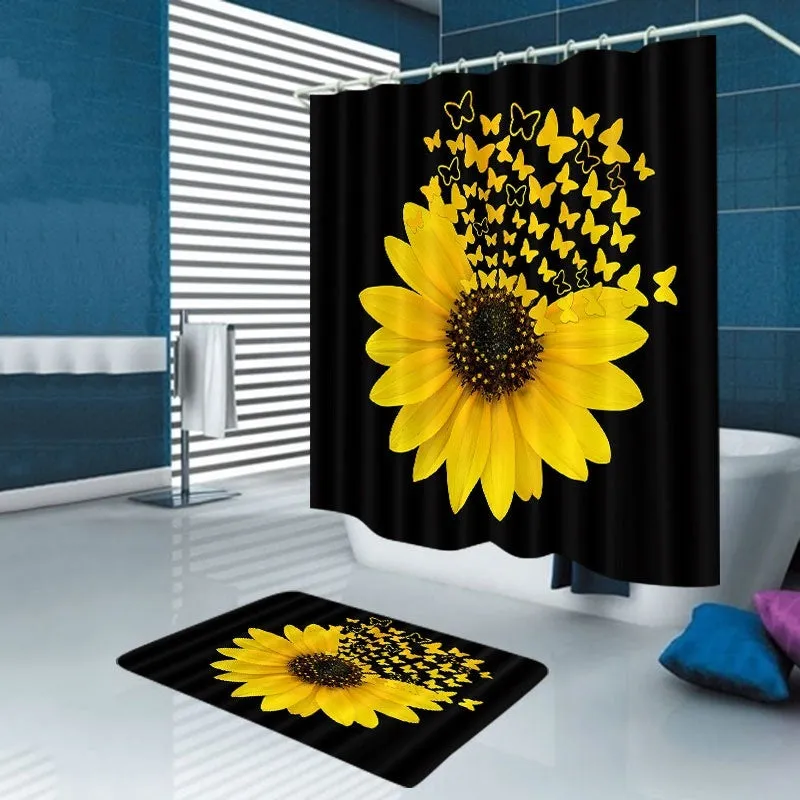 Black background Sunflower Butterfly Print Waterproof Bathroom Shower Curtain Toilet Cover Decor