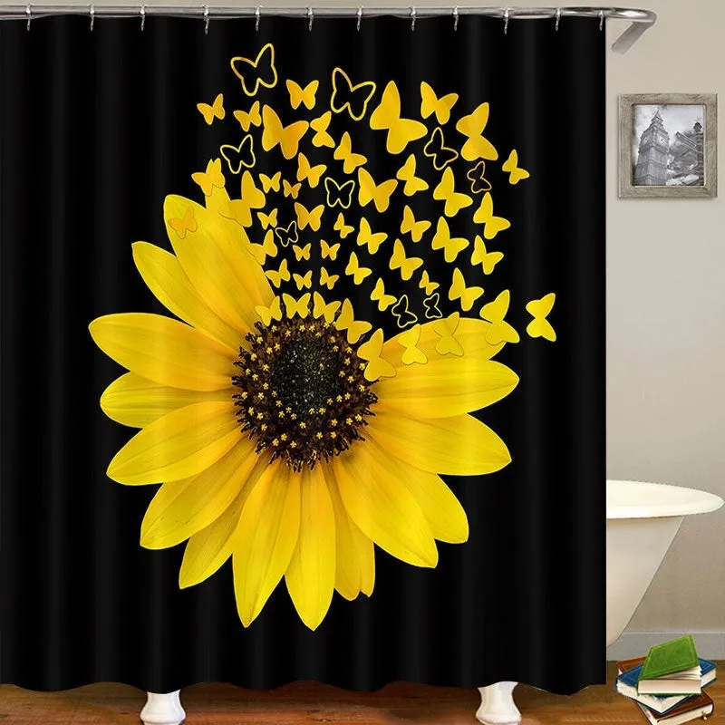 Black background Sunflower Butterfly Print Waterproof Bathroom Shower Curtain Toilet Cover Decor