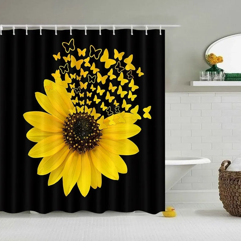Black background Sunflower Butterfly Print Waterproof Bathroom Shower Curtain Toilet Cover Decor