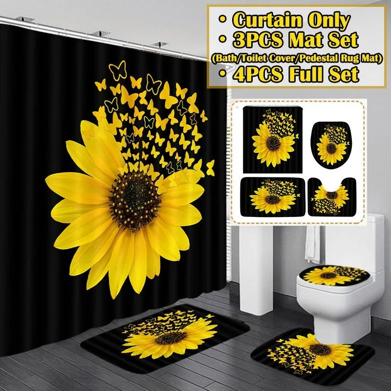 Black background Sunflower Butterfly Print Waterproof Bathroom Shower Curtain Toilet Cover Decor