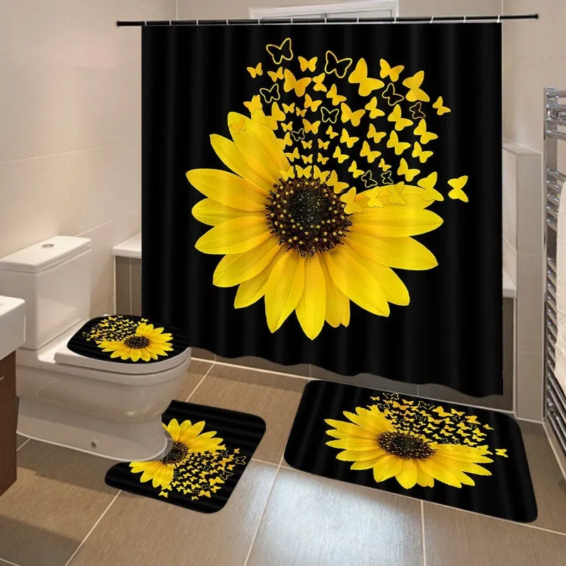 Black background Sunflower Butterfly Print Waterproof Bathroom Shower Curtain Toilet Cover Decor
