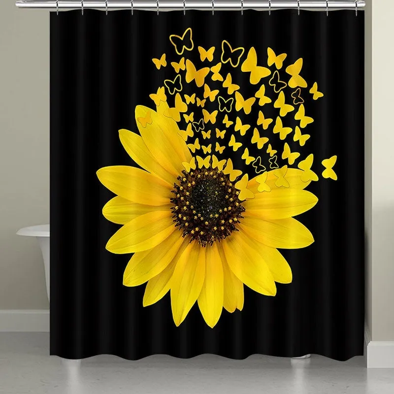 Black background Sunflower Butterfly Print Waterproof Bathroom Shower Curtain Toilet Cover Decor