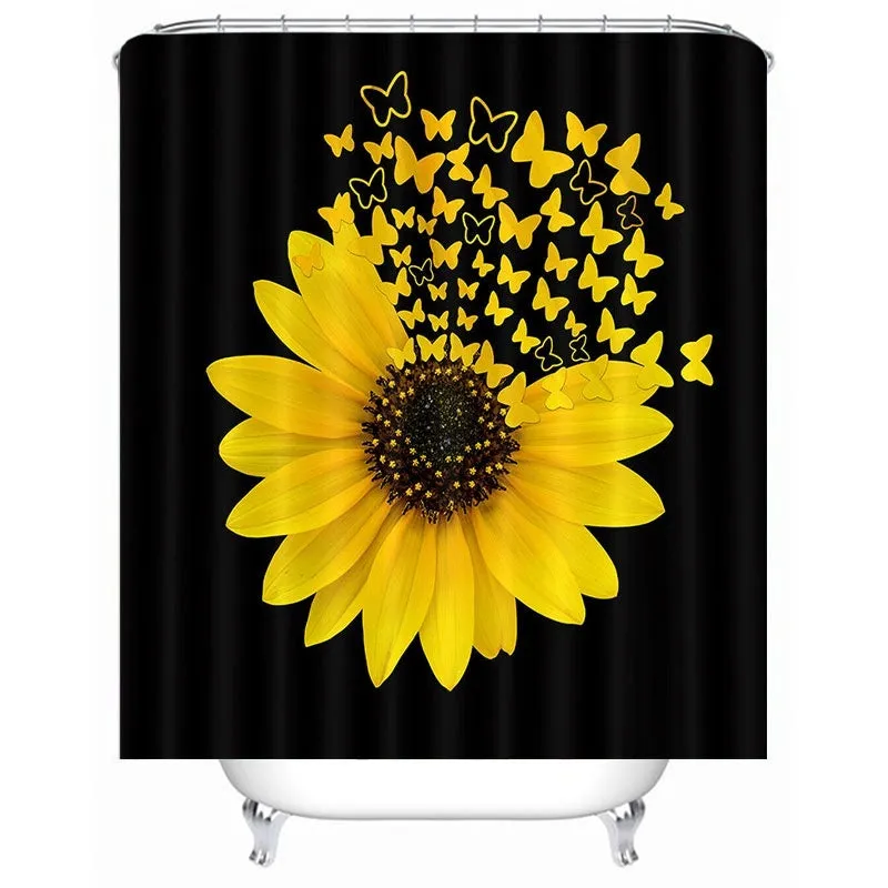 Black background Sunflower Butterfly Print Waterproof Bathroom Shower Curtain Toilet Cover Decor