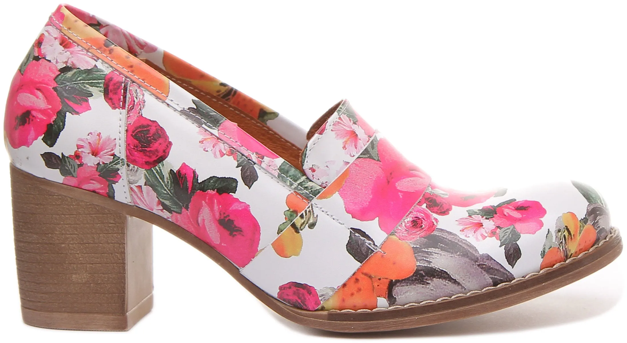 Dahlia Slip On Heeled Loafer in White Floral Print