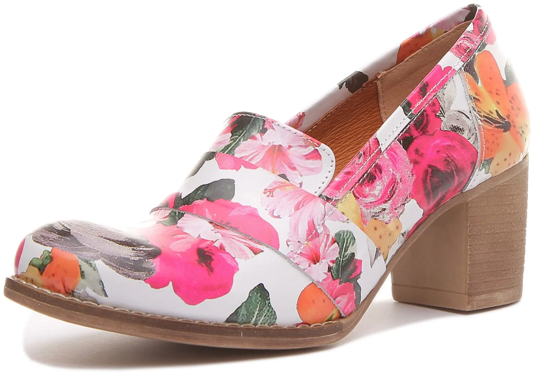 Dahlia Slip On Heeled Loafer in White Floral Print